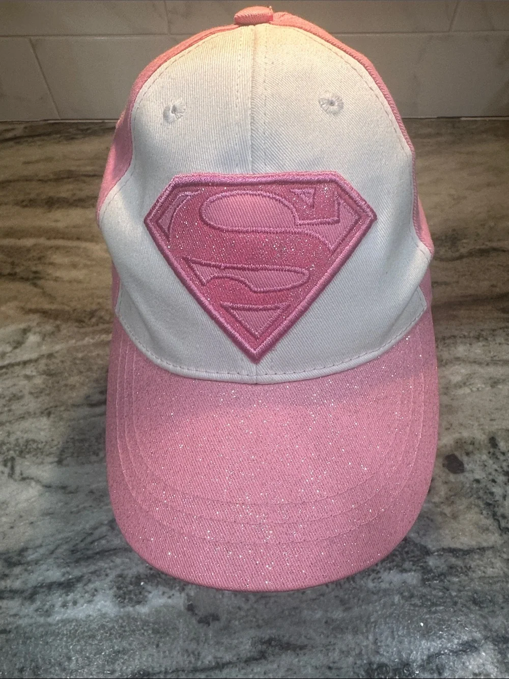 Supergirl Youth Girls Pink White Glitter Baseball Cap Hat Kids Adjustable Logo